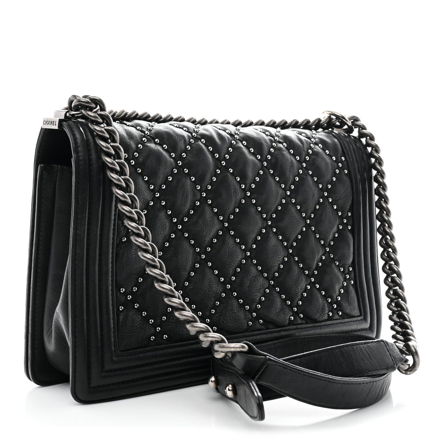 Crumpled Lambskin New Medium Studded Boy Flap Black