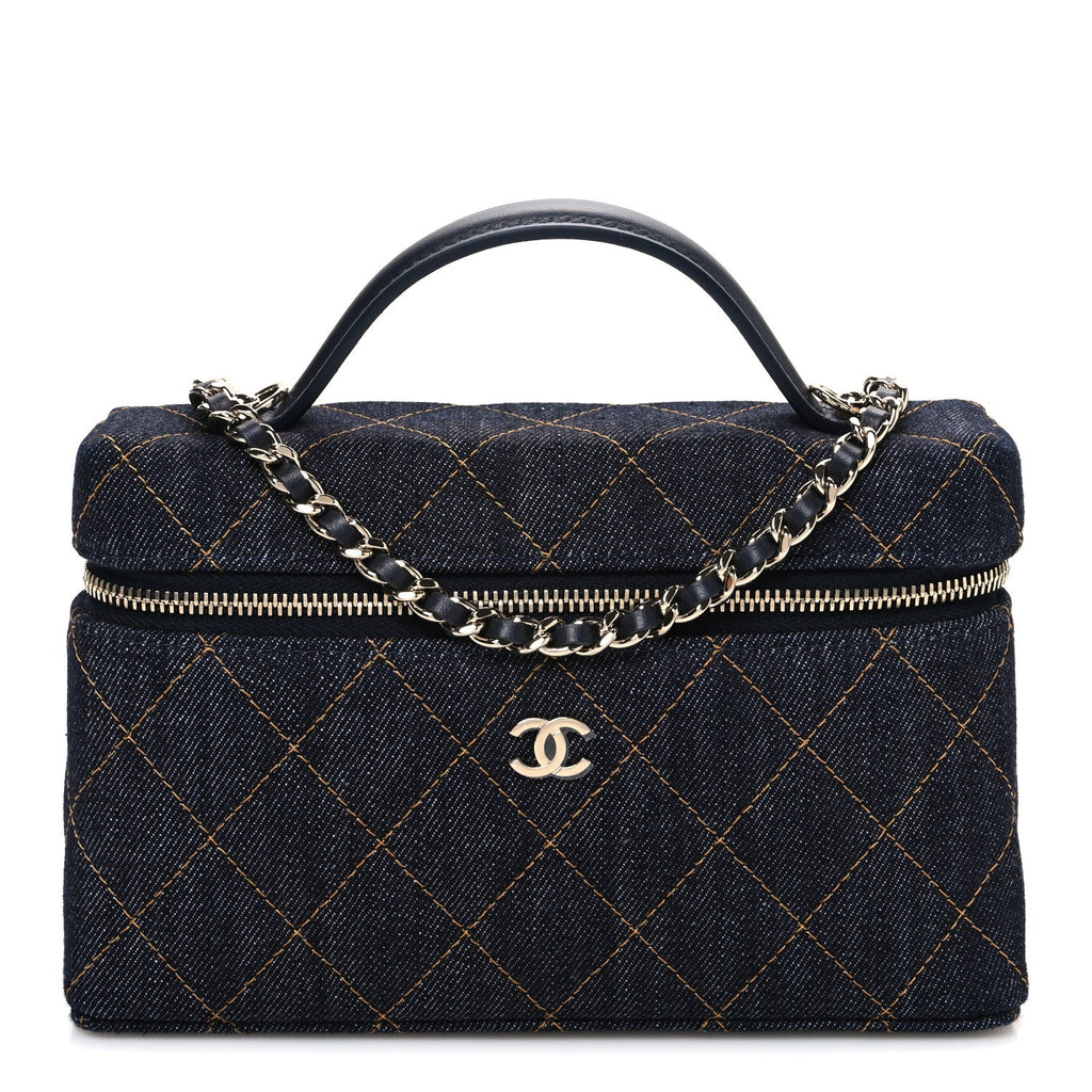 Denim Quilted Top Handle Slim Vanity Case With Chain Dark Blue Orange