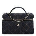 Denim Quilted Top Handle Slim Vanity Case With Chain Dark Blue Orange