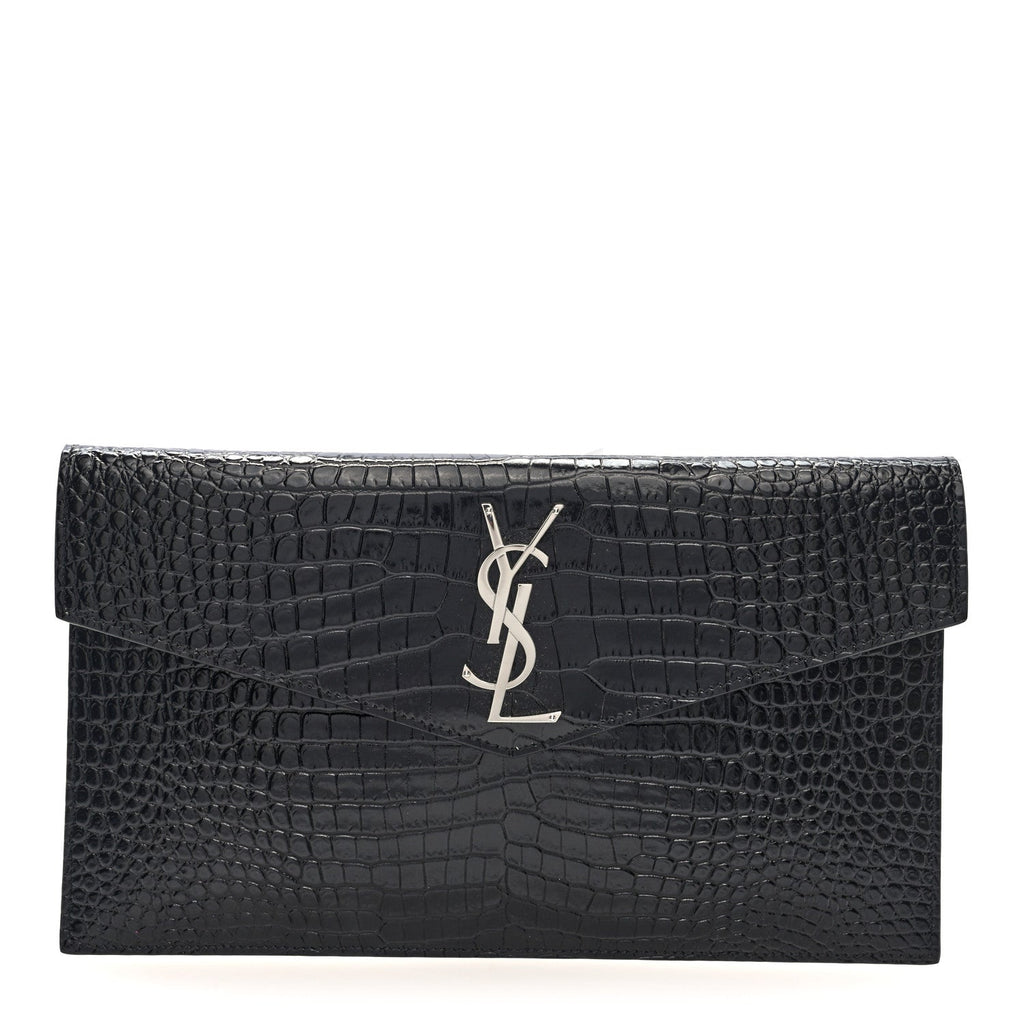 Calfskin Crocodile Embossed Uptown Monogram Pouch Black