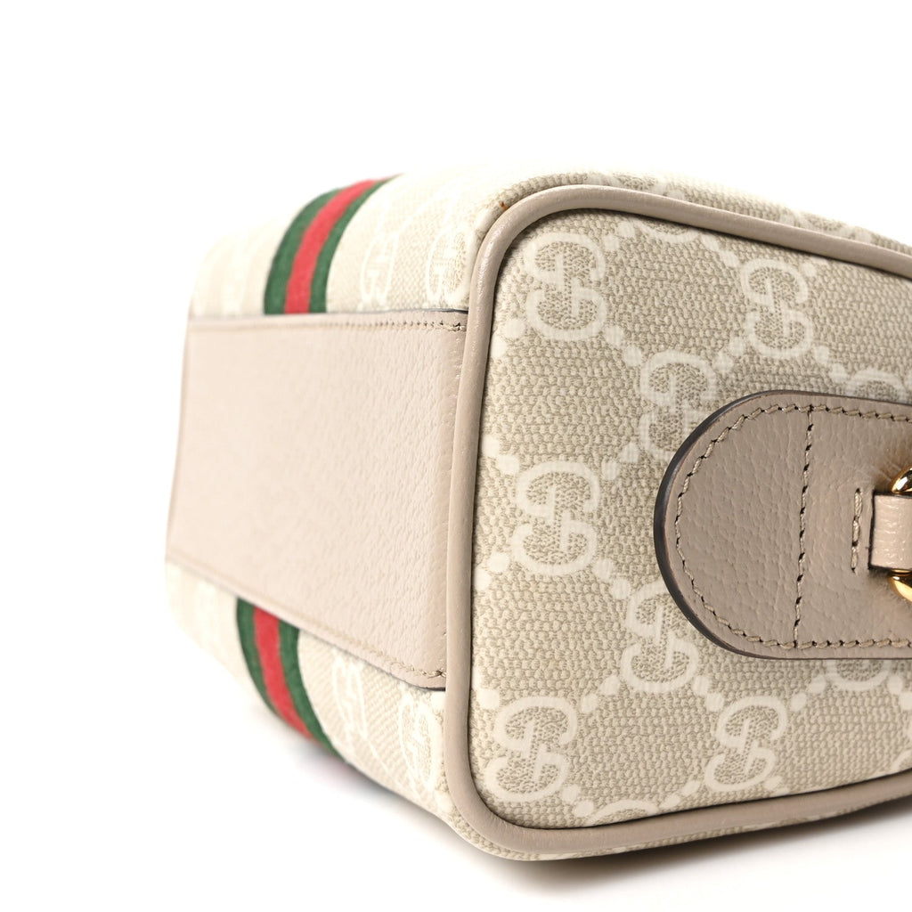 GG Supreme Monogram Textured Dollar Calfskin Web Super Mini Ophidia Top Handle Bowler Bag Beige Mystic White Oatmeal