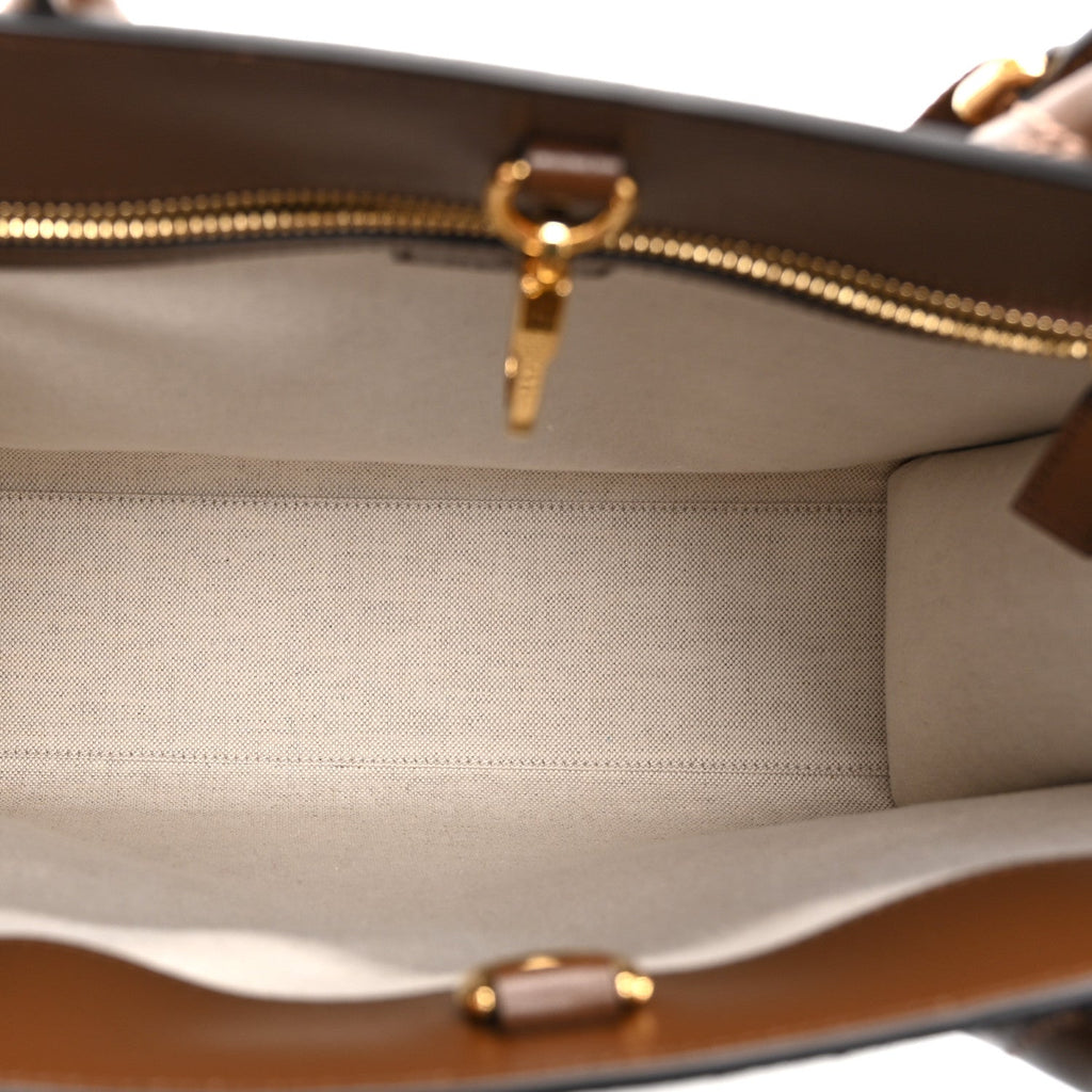 GG Supreme Monogram Textured Dollar Calfskin Web Small Retro Interlocking G Vertical Tote Bag Beige Ebony Brown Sugar