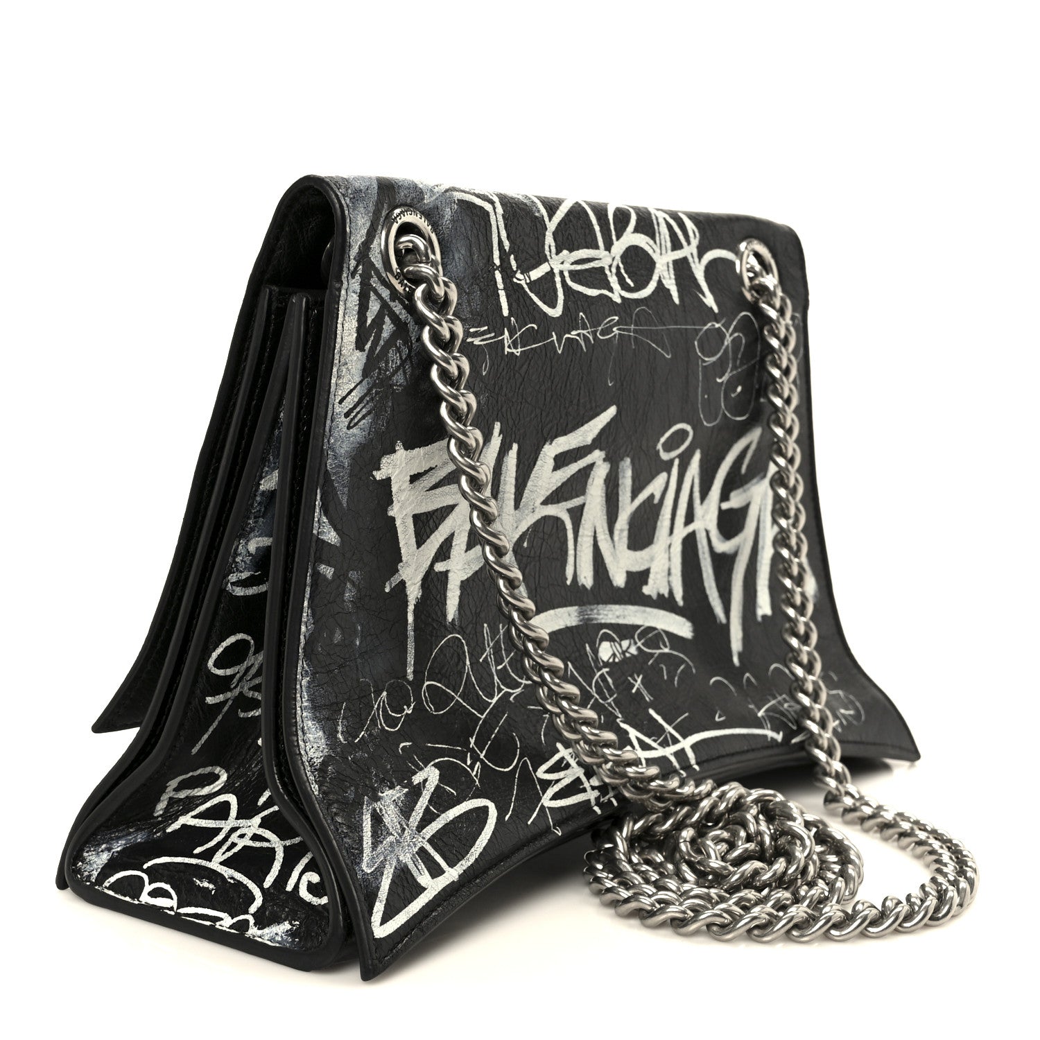 Agneau Arena Graffiti Medium Crush Chain Bag Black White