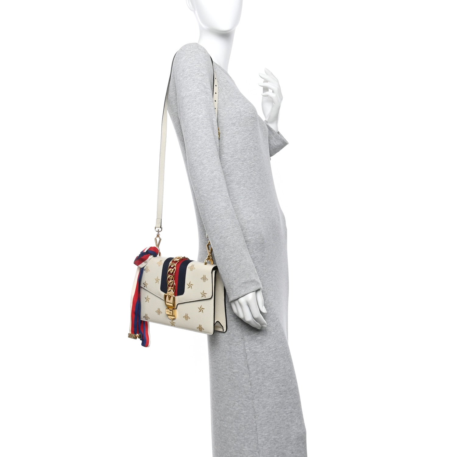 Textured Calfskin Bee Star Print Small Sylvie Shoulder Bag Mystic White