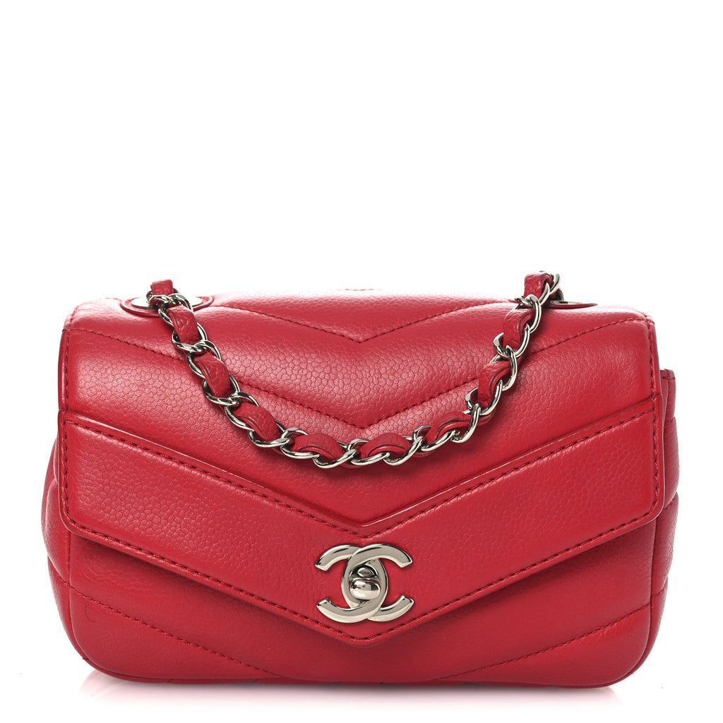 Caviar Chevron Quilted Small Single Flap Red