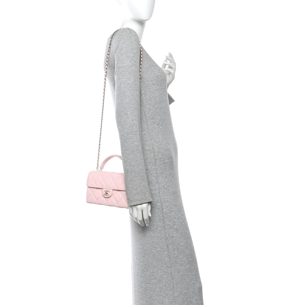 Caviar Quilted Retro Mini Twist Top Handle Clutch Flap Light Pink