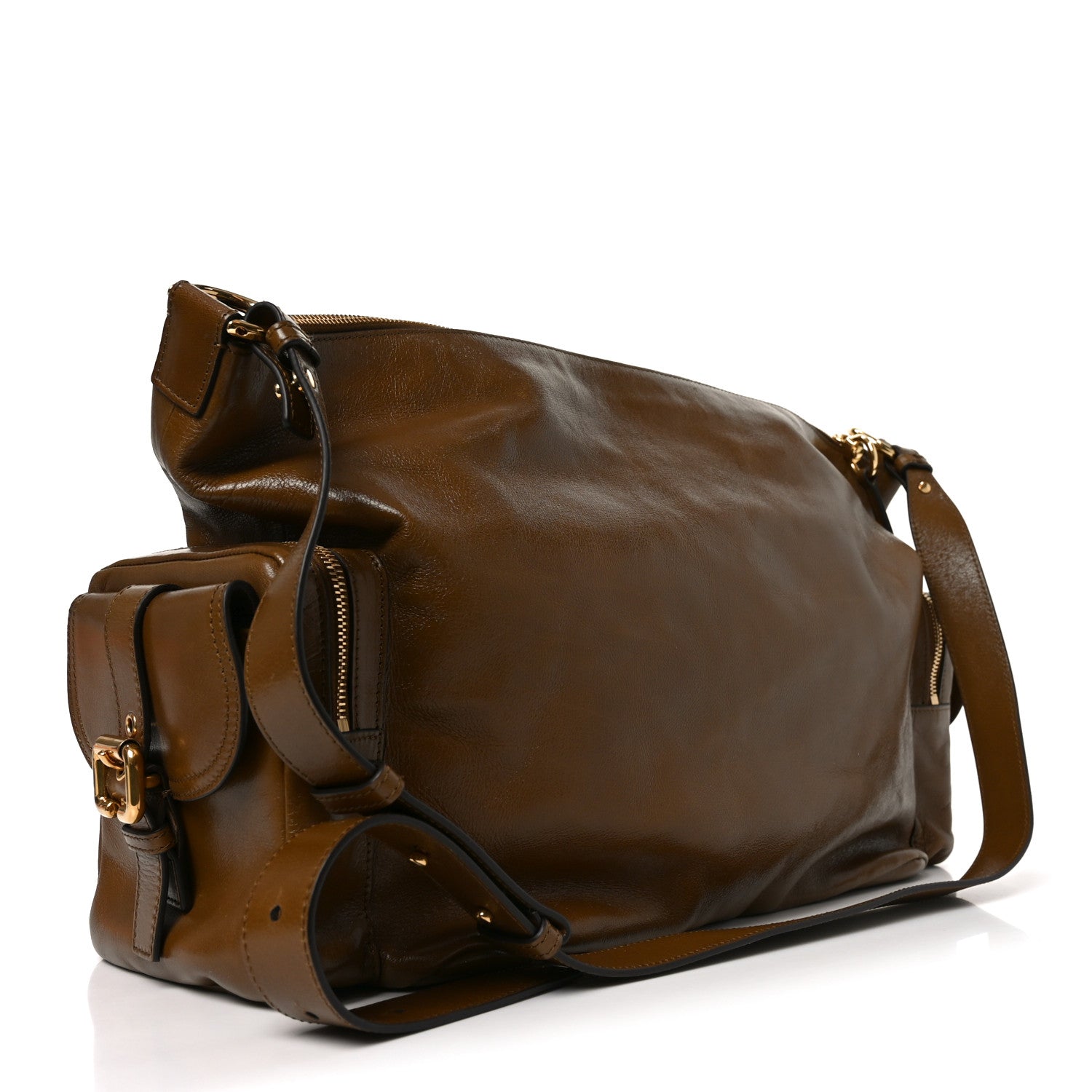 Shiny Calfskin Large Double Carry Camera Bag Dark Khaki