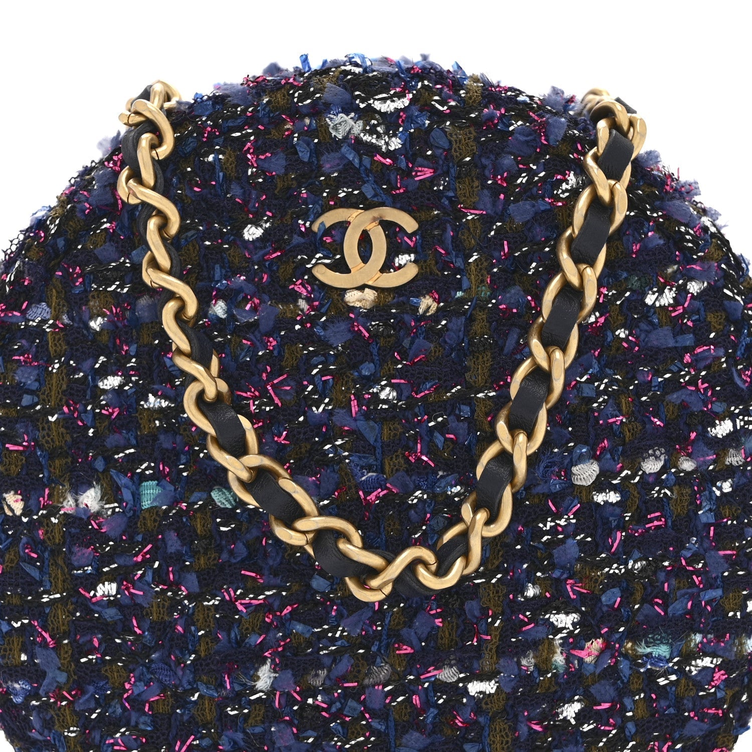 Tweed Quilted Round Clutch With Chain Multicolor