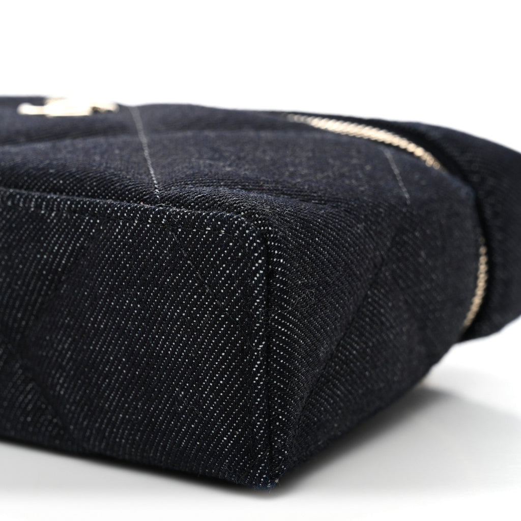 Denim Quilted Top Handle Slim Vanity Case With Chain Dark Blue