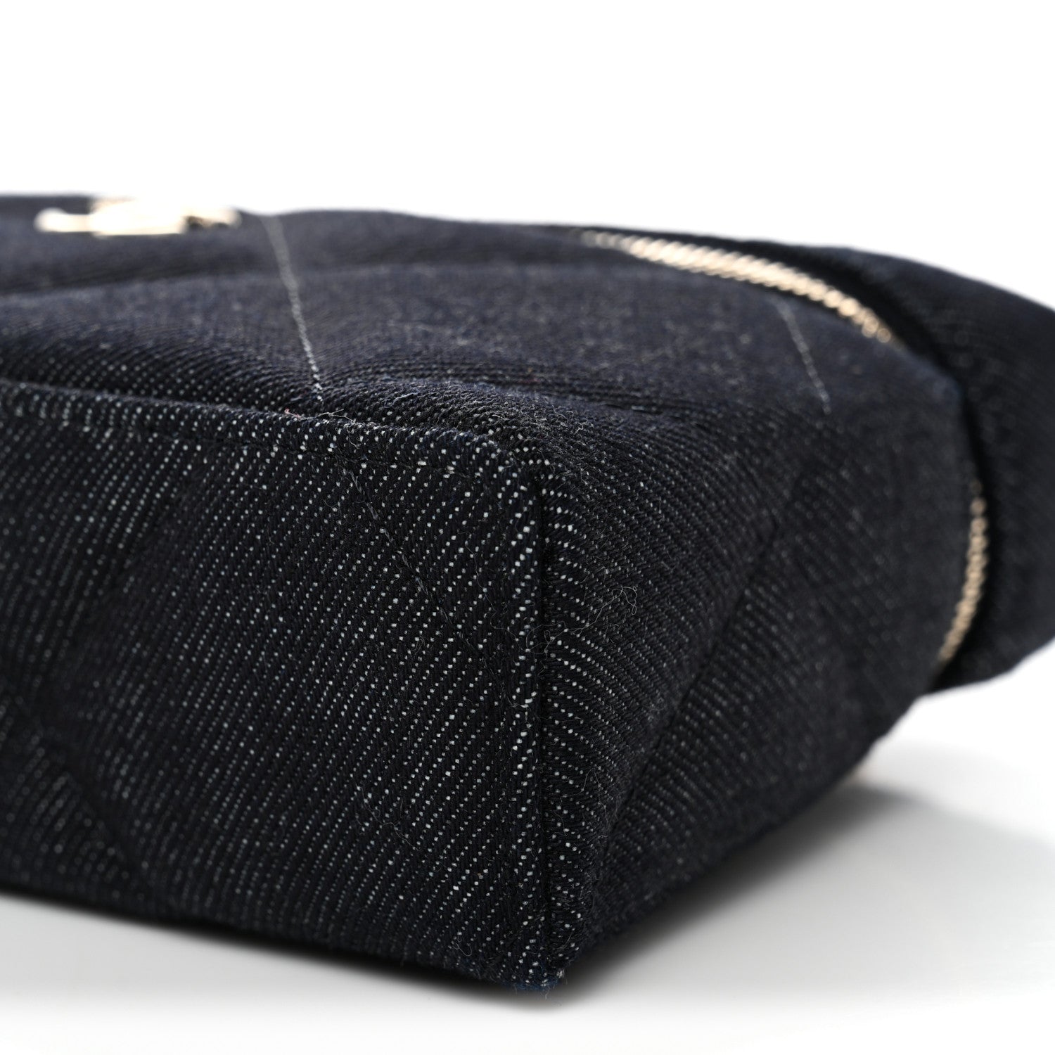 Denim Quilted Top Handle Slim Vanity Case With Chain Dark Blue