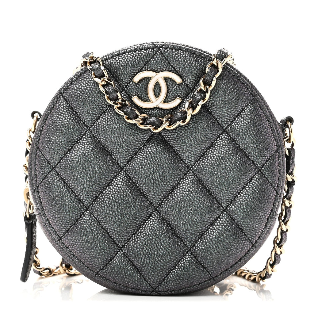Iridescent Caviar Quilted Round Clutch With Chain Black