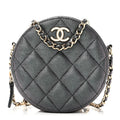 Iridescent Caviar Quilted Round Clutch With Chain Black