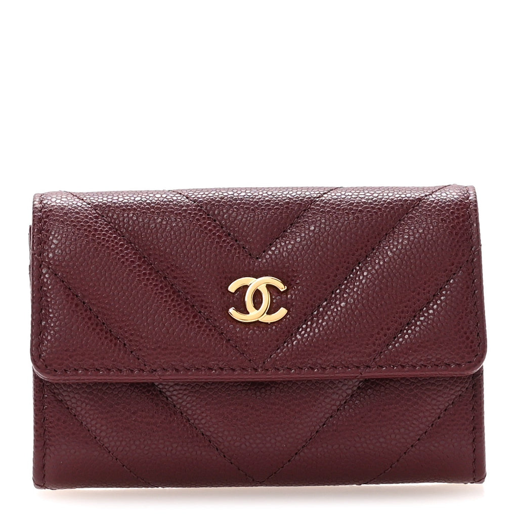 Caviar Flat Chevron Quilted Flap  Holder Burgundy