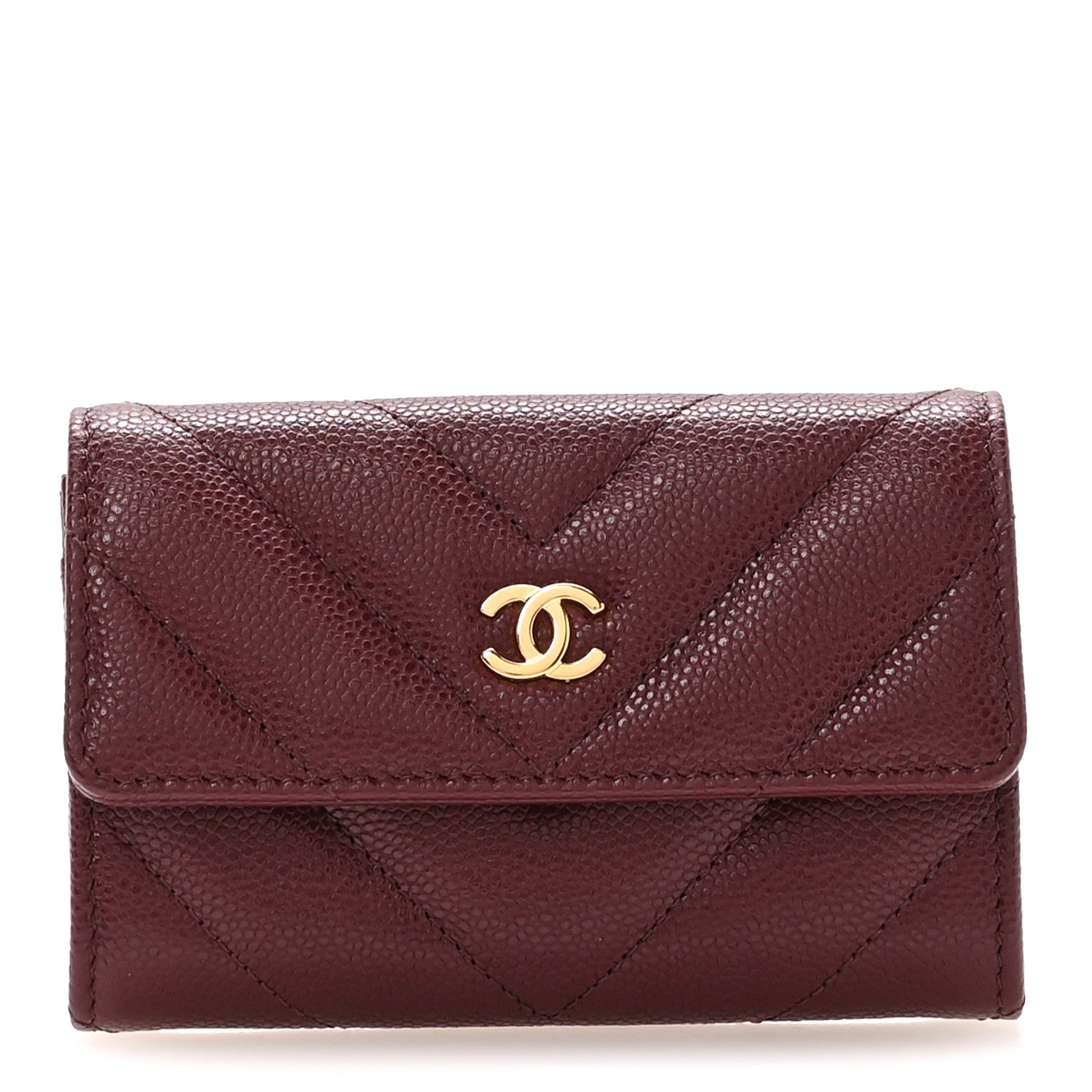 Caviar Flat Chevron Quilted Flap  Holder Burgundy