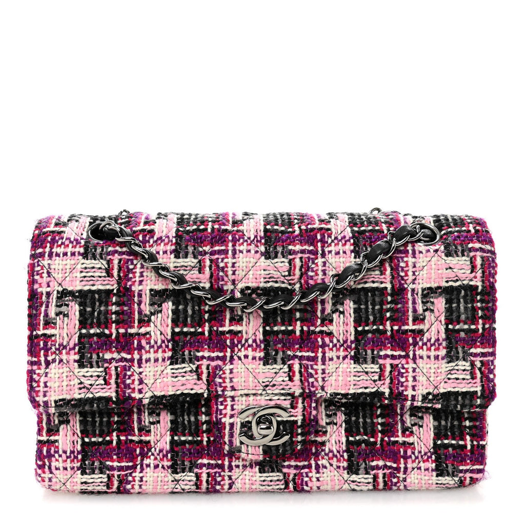 Tweed Quilted Medium Double Flap Pink Black