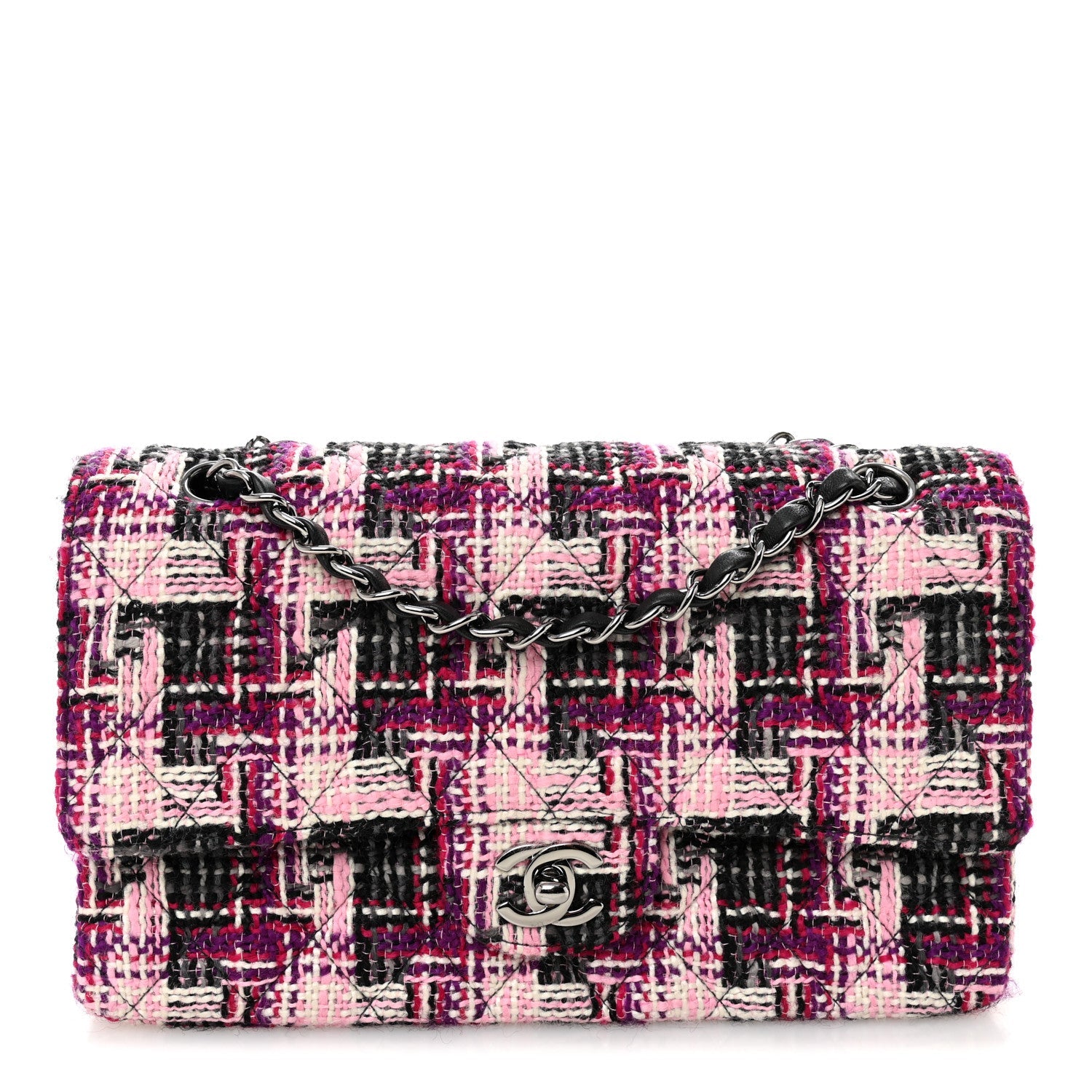 Tweed Quilted Medium Double Flap Pink Black