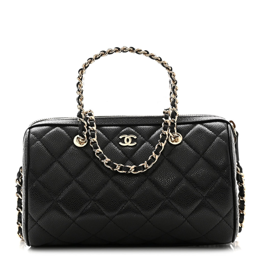 Caviar Quilted Barrel Clutch With Chain  Black