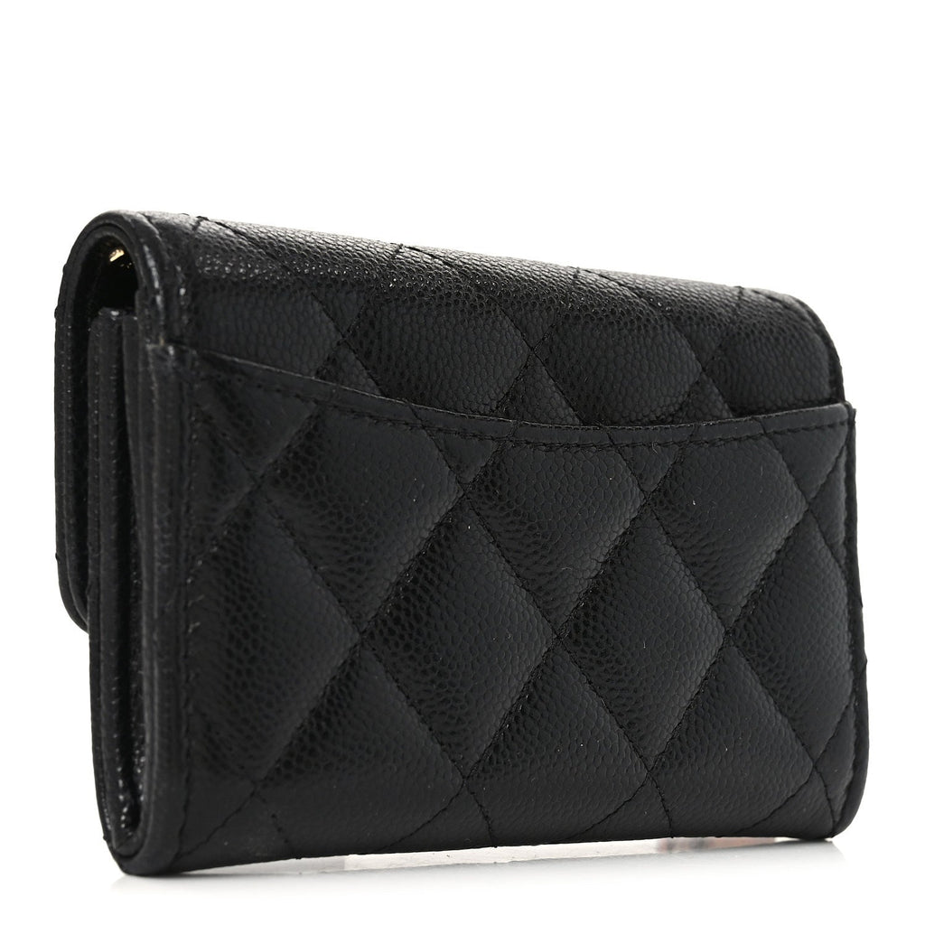 Caviar Quilted Flap  Holder Wallet Black