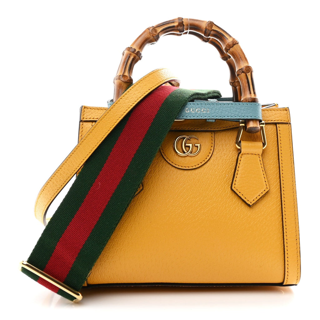 Textured Dollar Calfskin Web Mini Diana Tote Bag Yellow Dusty Azure