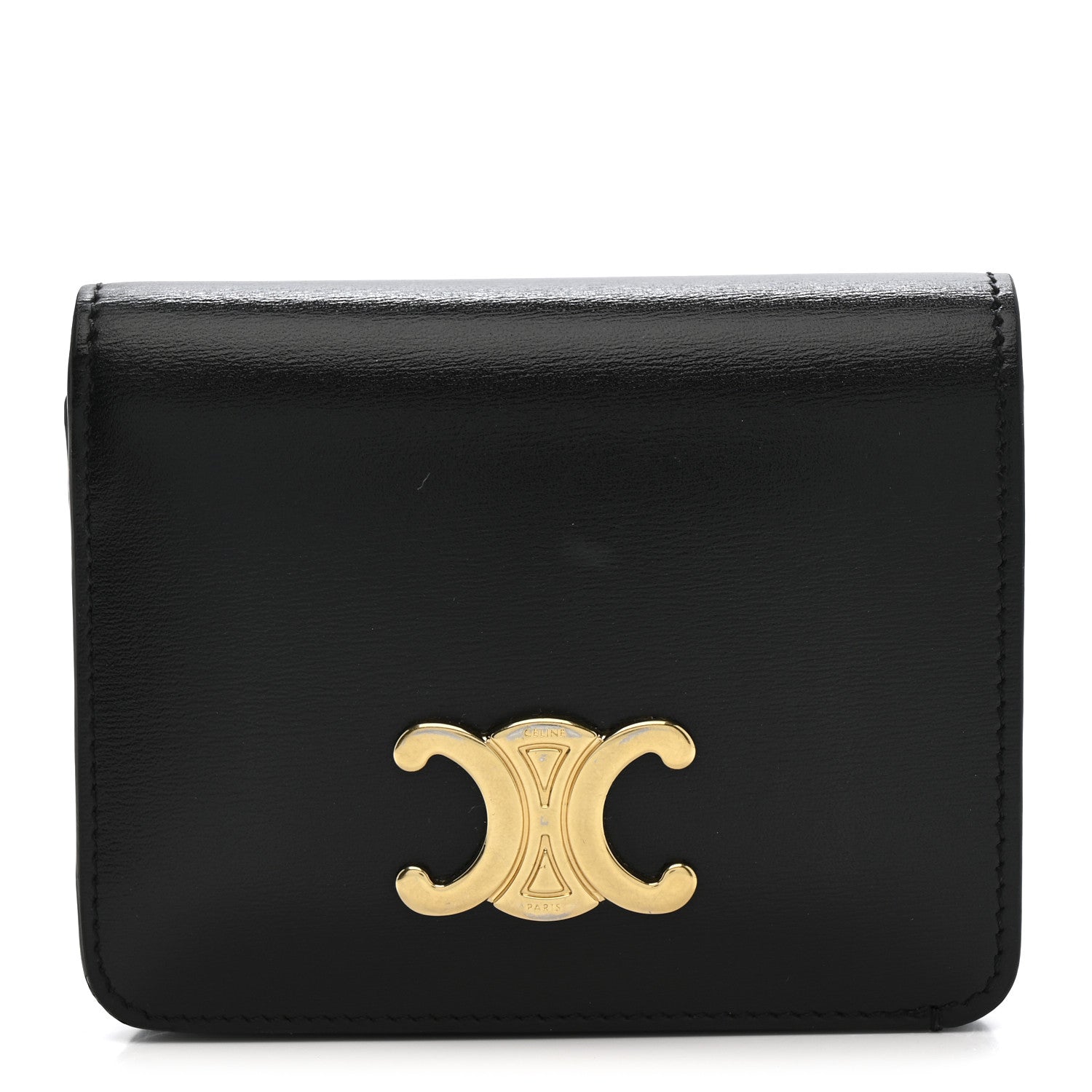 Shiny Calfskin Triomphe Compact Wallet Black