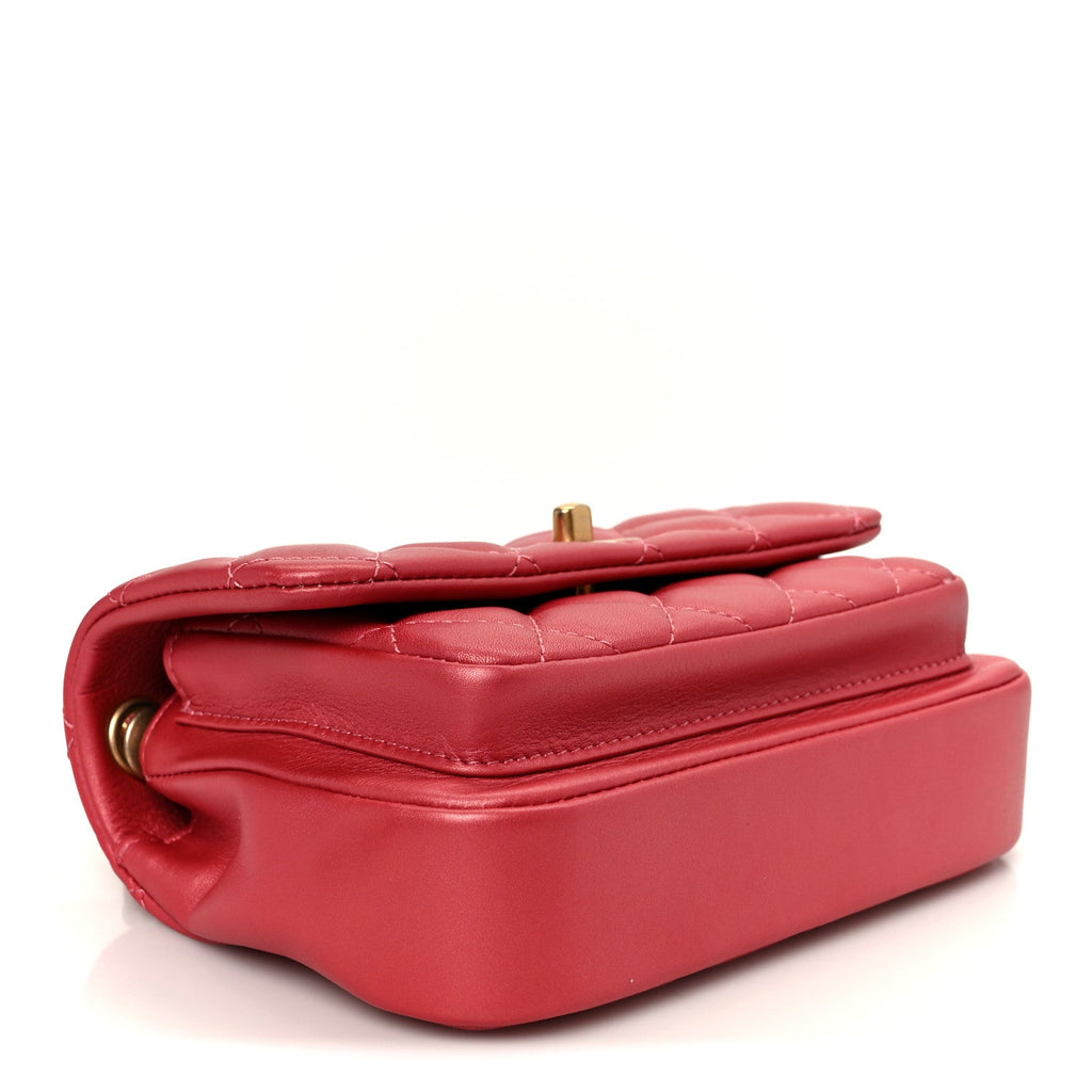Metallic Calfskin Quilted Top Handle Flap Dark Pink