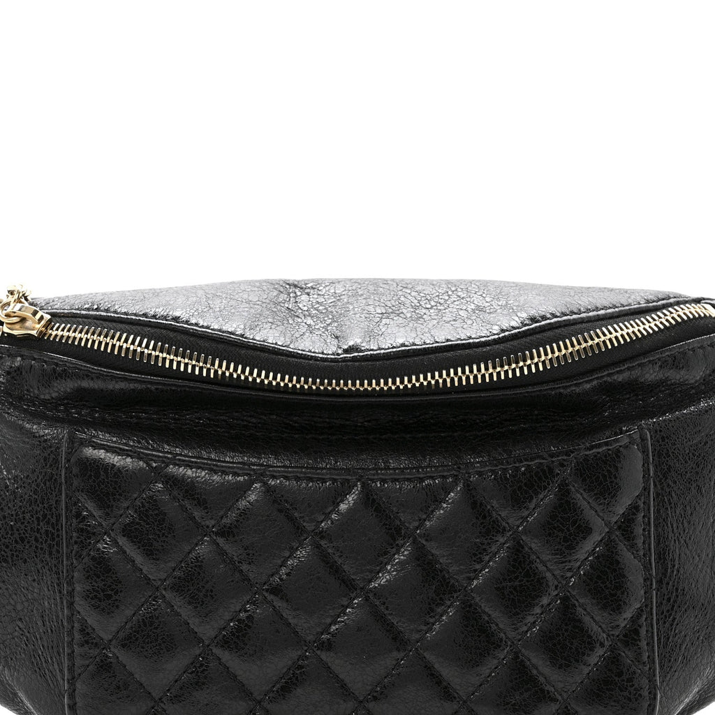 Crumpled Glazed Lambskin Quilted Waist Bag Fanny Pack Black