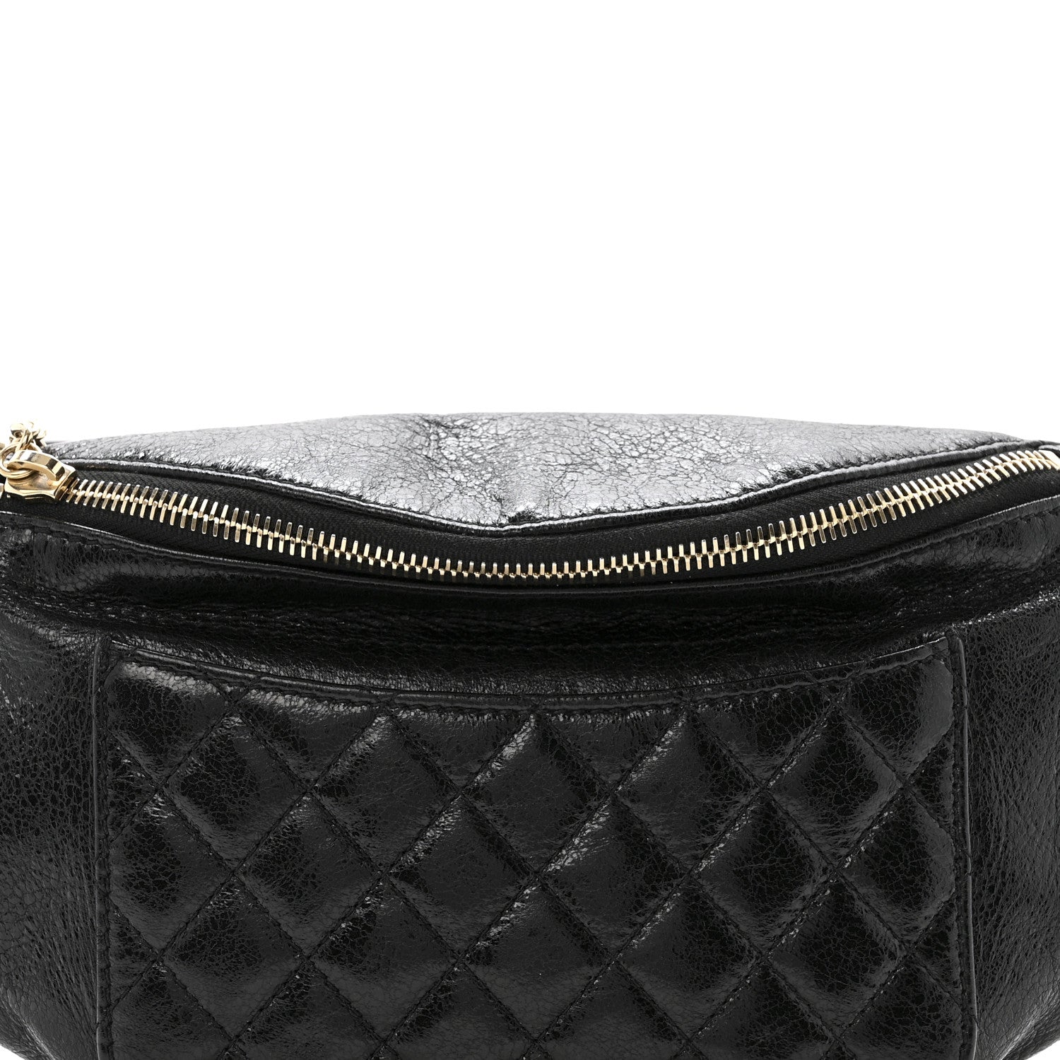 Crumpled Glazed Lambskin Quilted Waist Bag Fanny Pack Black