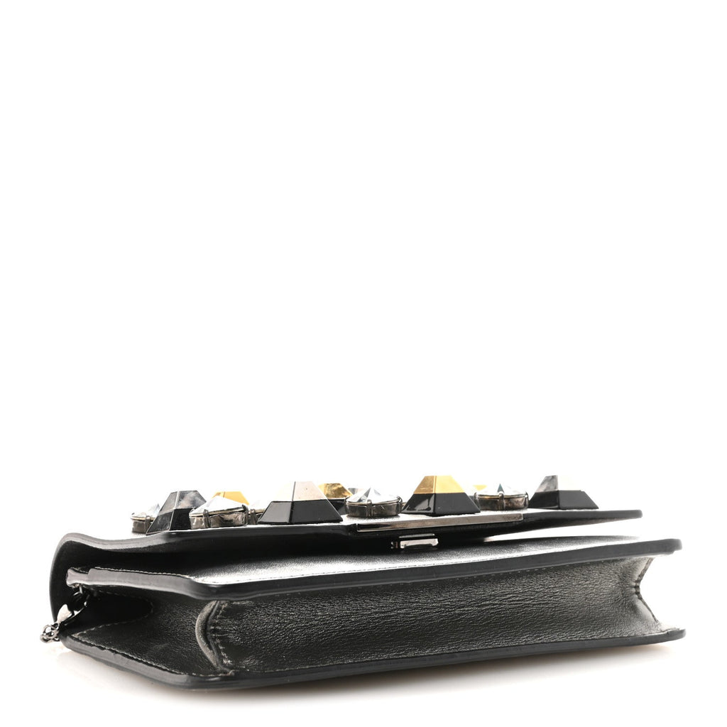 Glossy Calfskin Crystal Studded Tube Wallet On Chain Graphite