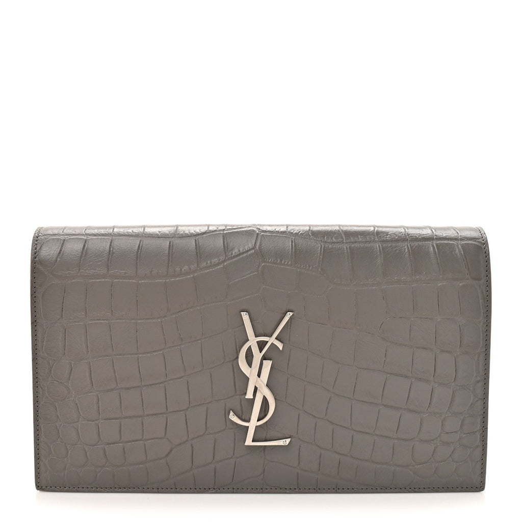 Croc Embossed Calfskin Classic Kate Monogram Clutch Fog
