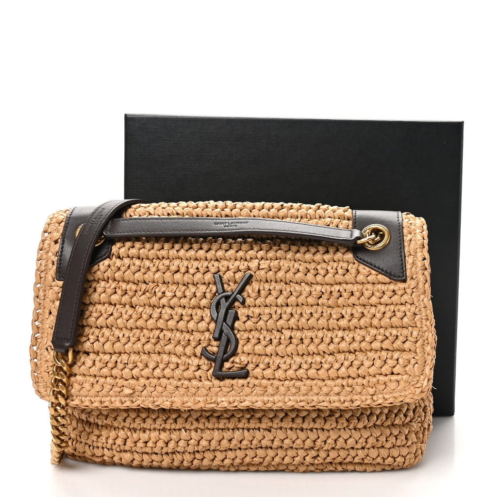 Raffia Calfskin Monogram Medium Niki Chain Satchel Natural