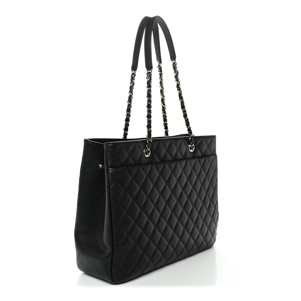 Caviar Quilted Large CC Shopping Tote Black