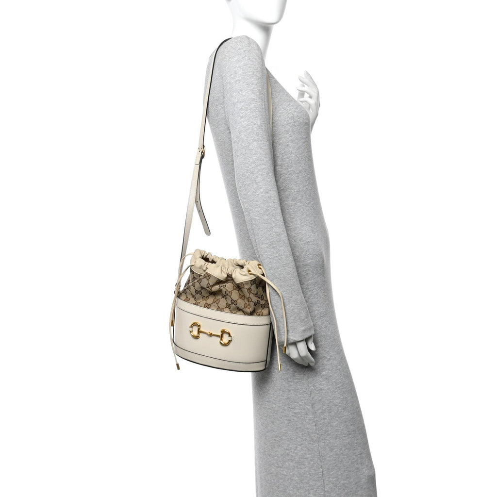 Monogram Textured Calfskin Horsebit 1955 Drawstring Bucket Bag Beige Mystic White
