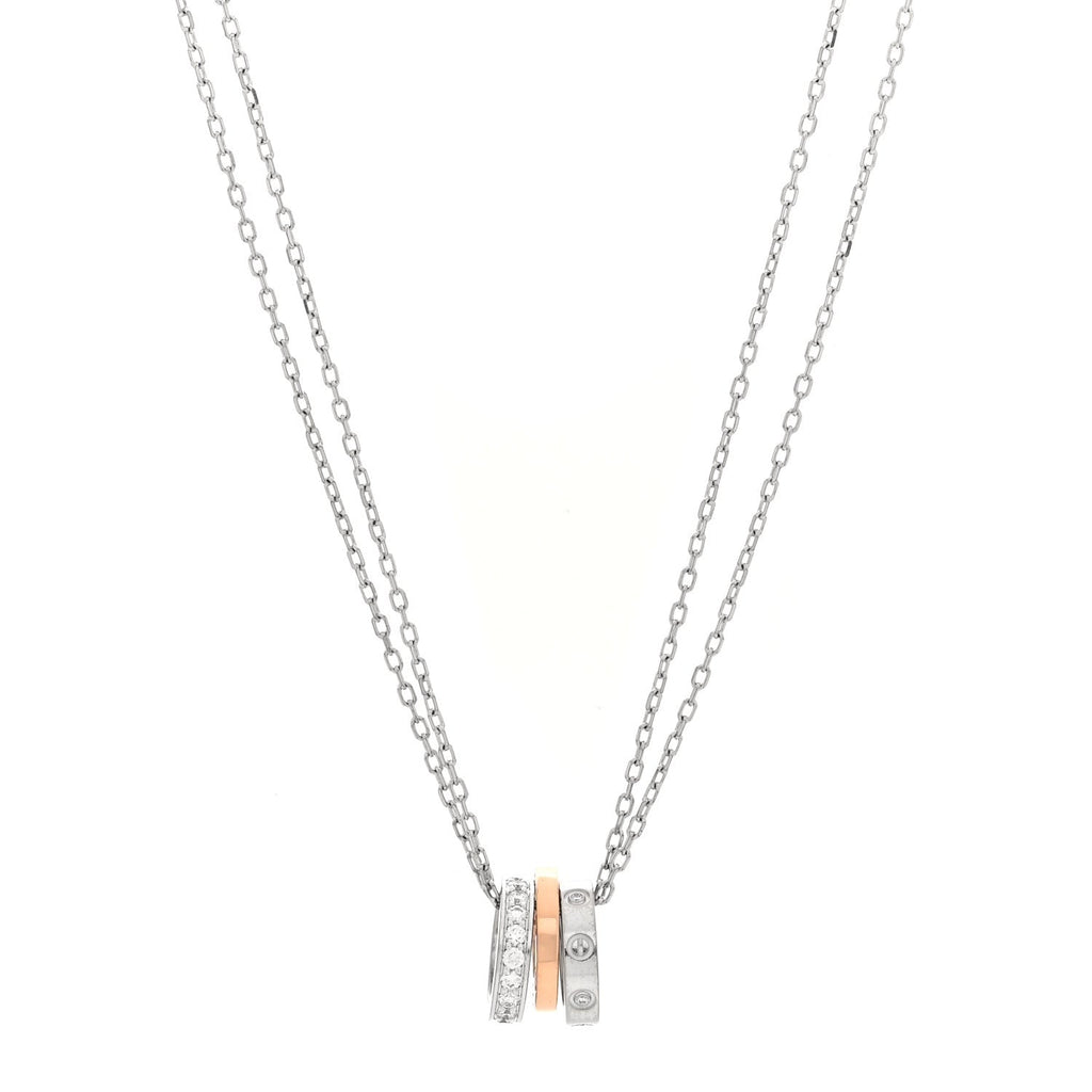 18K White Pink Gold Diamond Three Ring LOVE Pendant Necklace