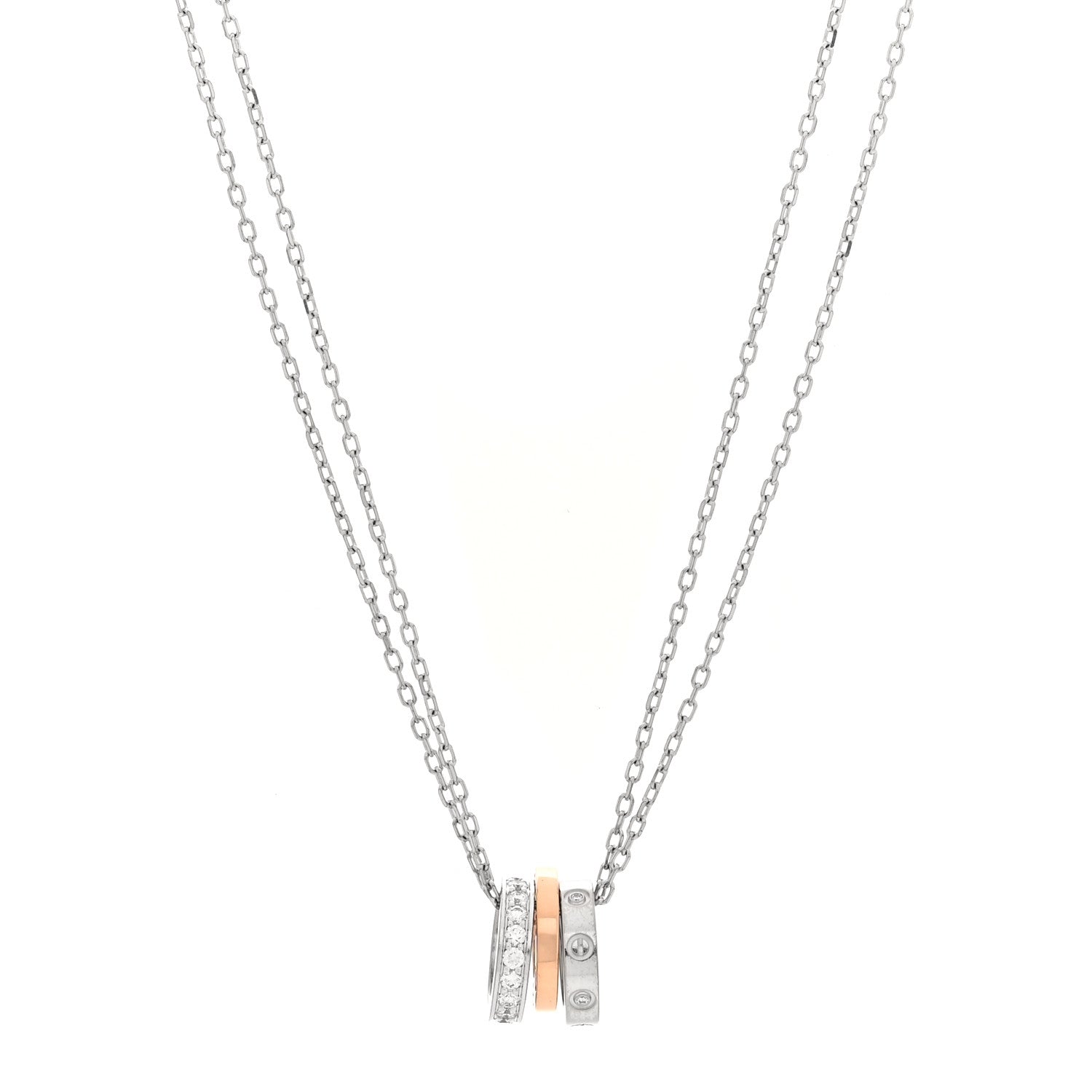 18K White Pink Gold Diamond Three Ring LOVE Pendant Necklace