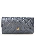 Metallic Lambskin Quilted Large Gusset Flap Wallet Dark Blue