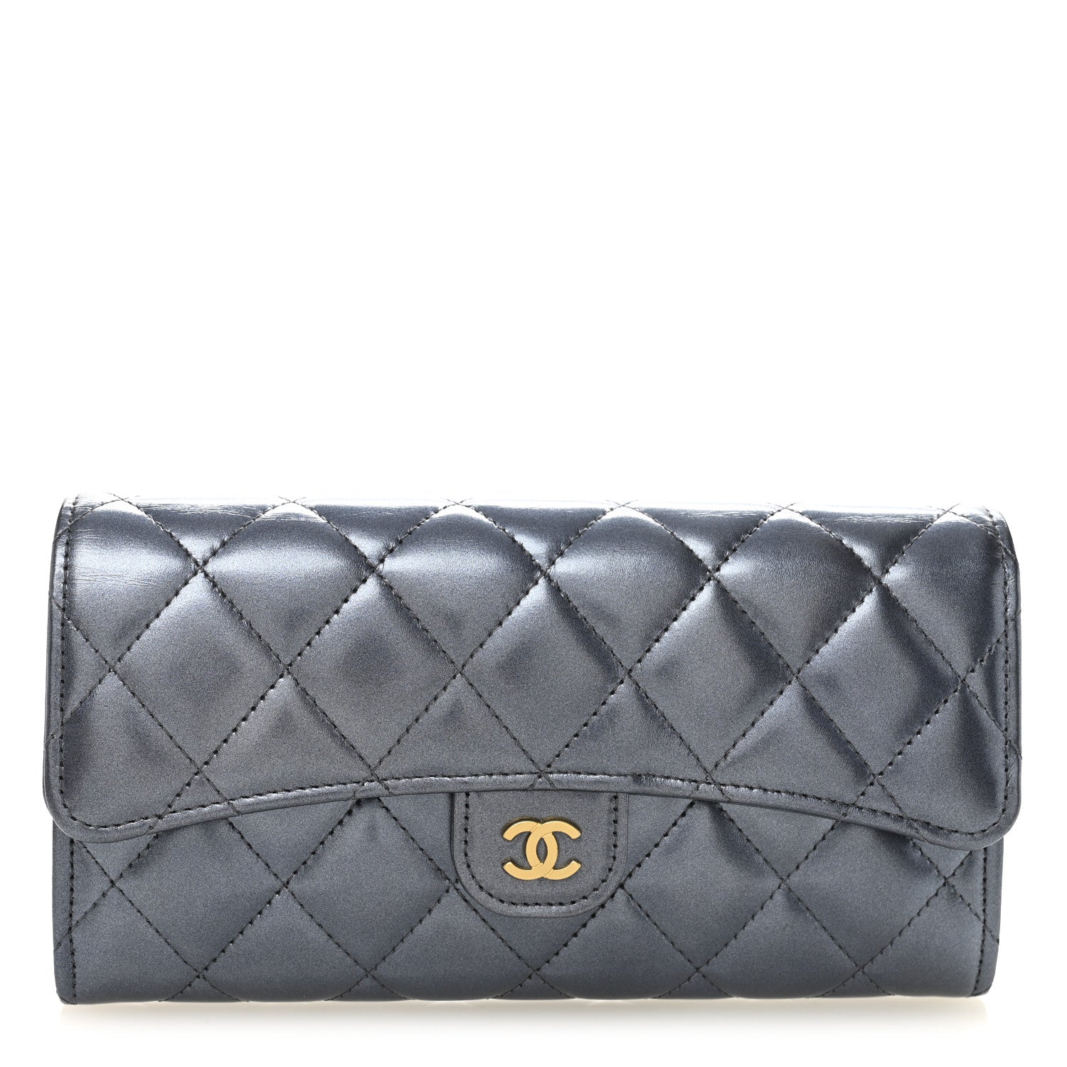Metallic Lambskin Quilted Large Gusset Flap Wallet Dark Blue