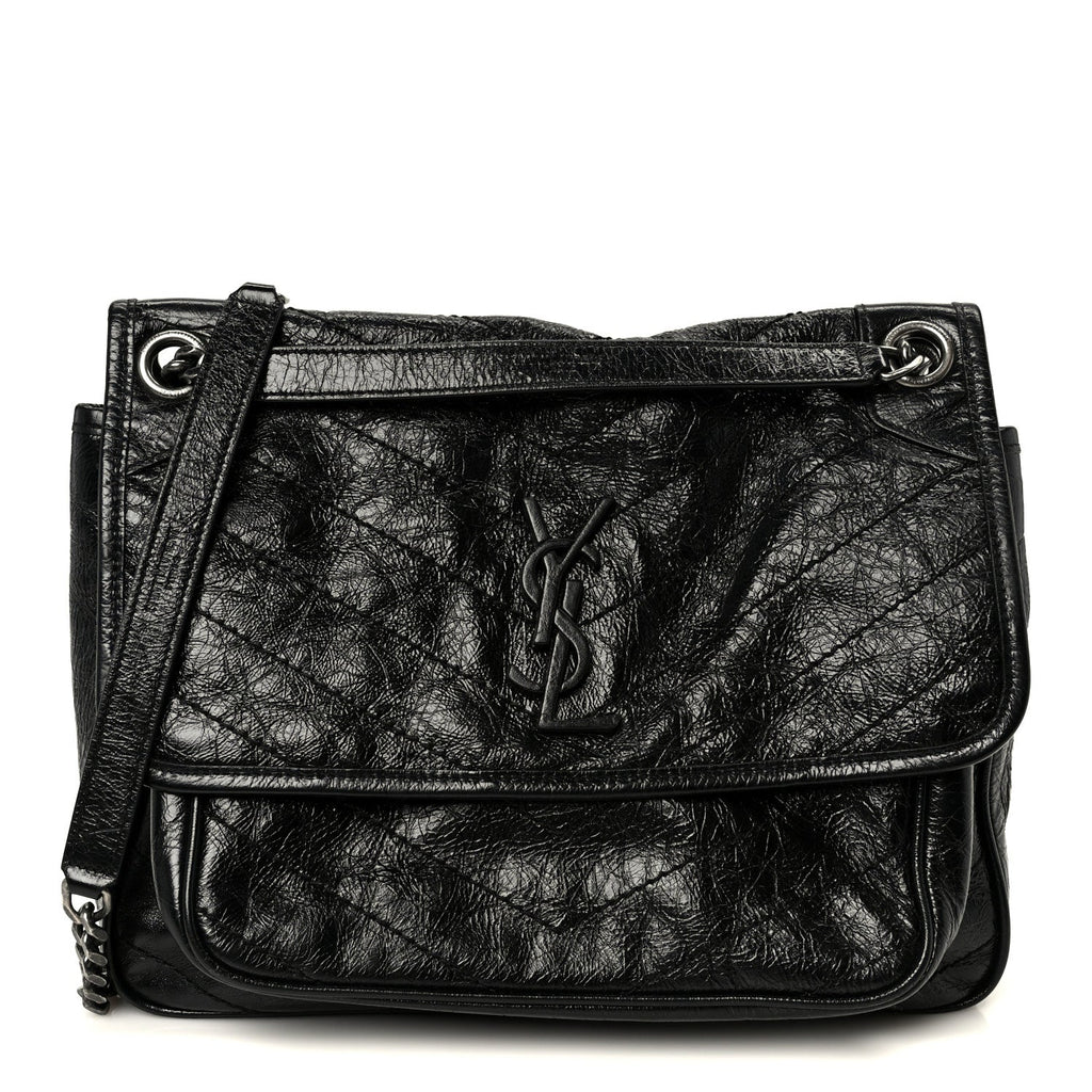Crinkled Calfskin Matelasse Monogram Medium Niki Chain Satchel Black