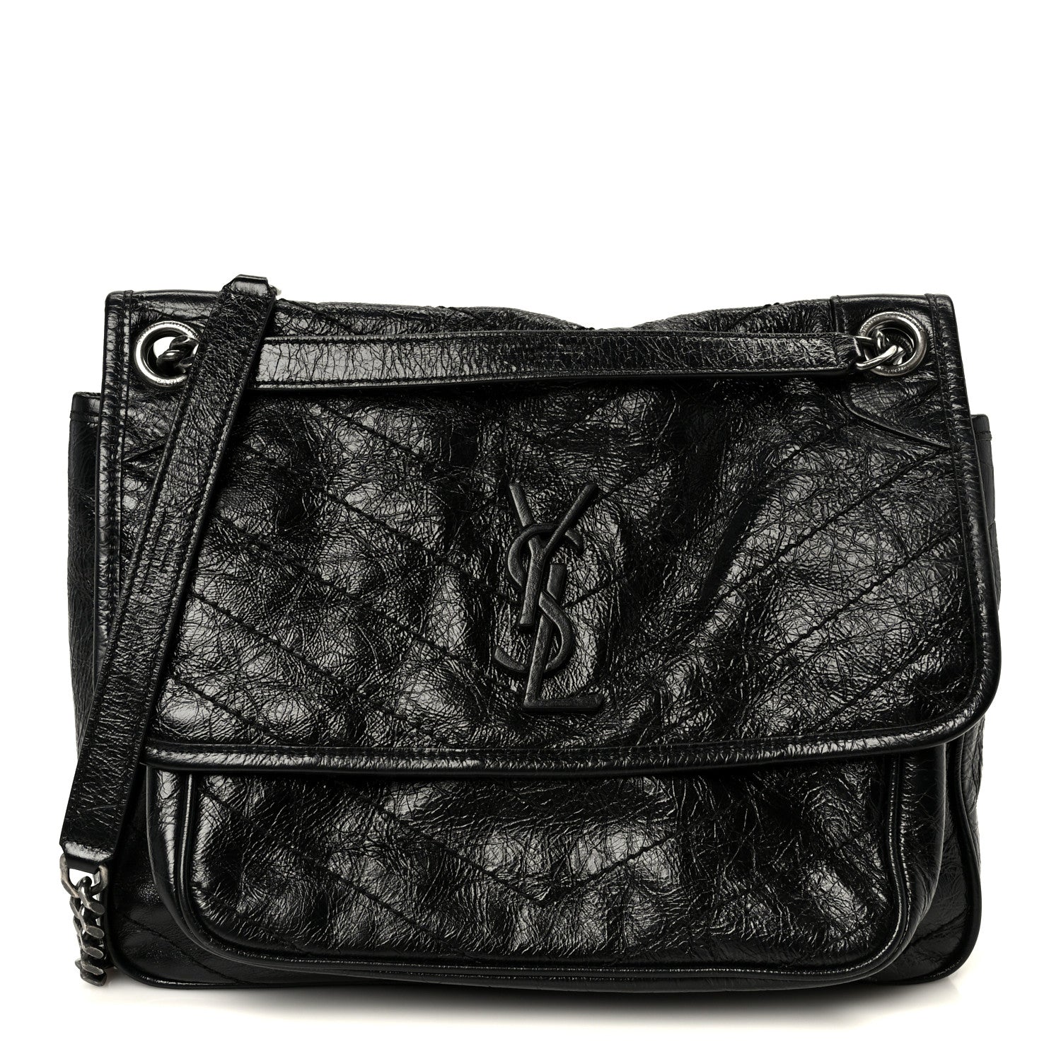 Crinkled Calfskin Matelasse Monogram Medium Niki Chain Satchel Black
