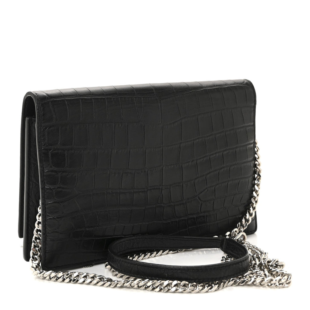 Calfskin Crocodile Embossed Kate Monogram Tassel Chain Wallet Black