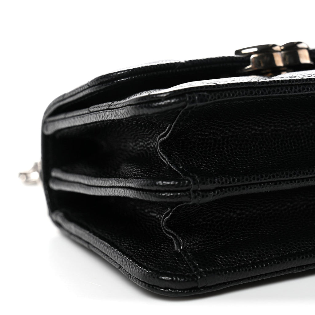 Caviar Quilted Enamel Top Handle Flap Clutch With Chain Black