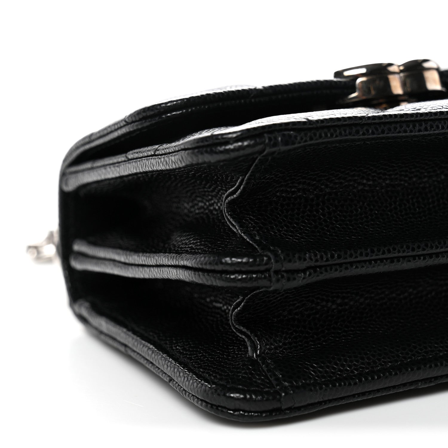 Caviar Quilted Enamel Top Handle Flap Clutch With Chain Black