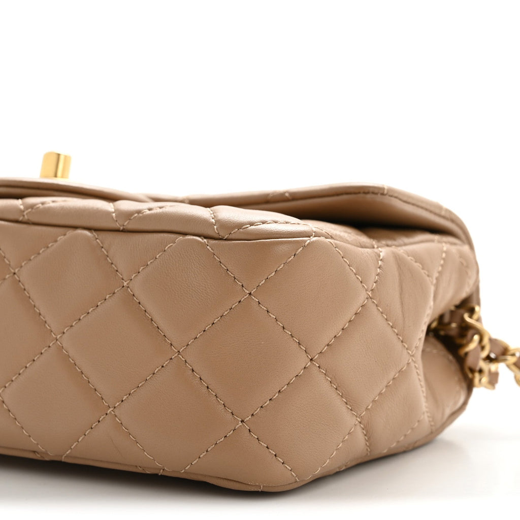 Lambskin Quilted Mini Rectangular Pearl Crush Flap Beige