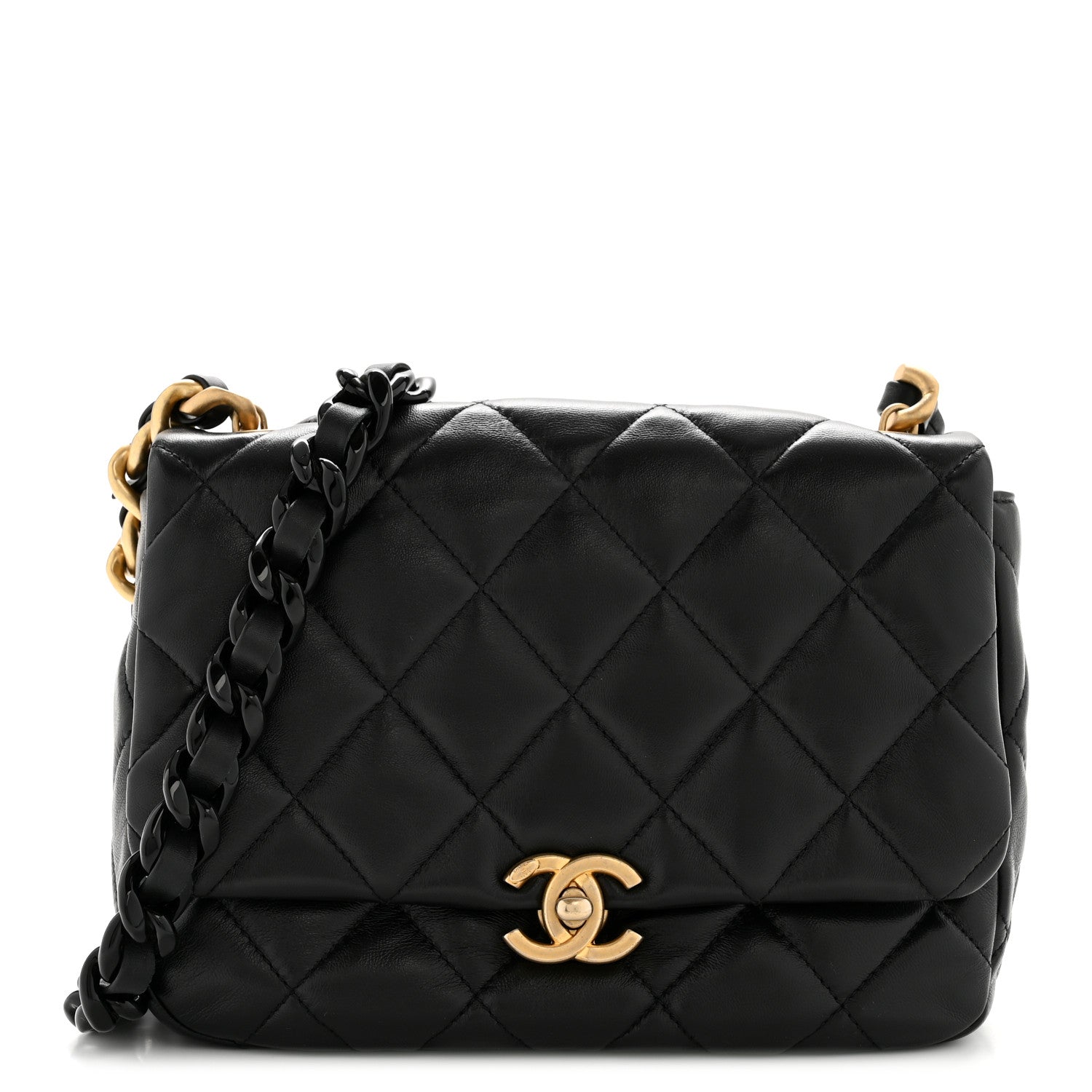 Lambskin Quilted Small Lacquered Chain Flap Black