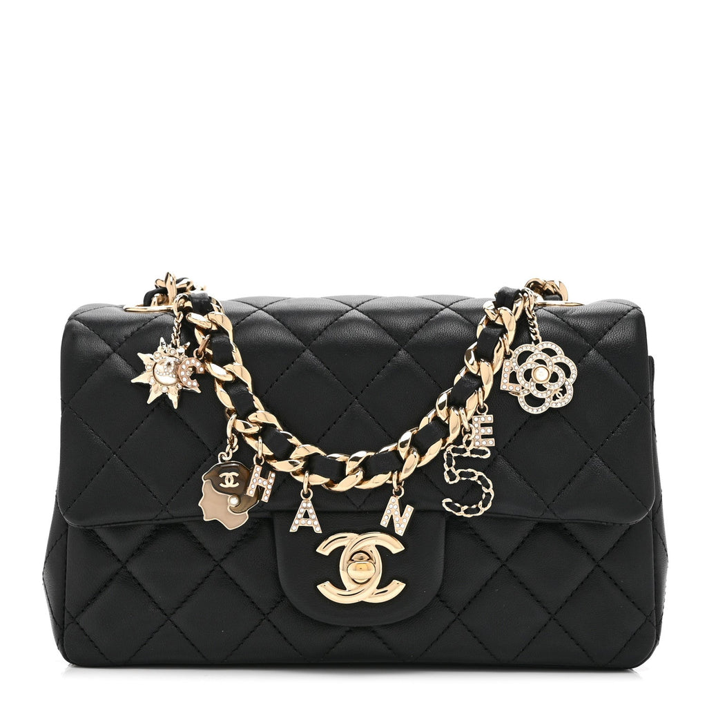 Lambskin Quilted Mini Coco Charms Rectangular Flap Black