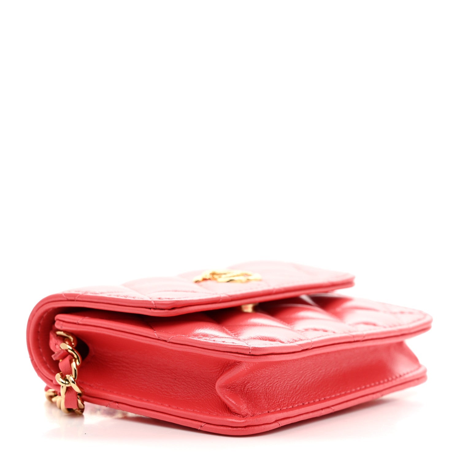 Shiny Lambskin Quilted  Holder On Chain Pink