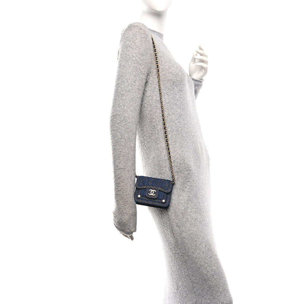 Denim Quilted Double You  Holder On Chain Blue