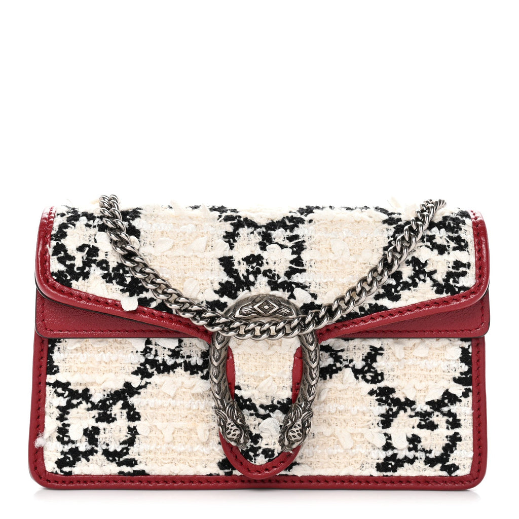 Tweed GG Monogram Super Mini Dionysus Shoulder Bag White Black Romantic Cherry