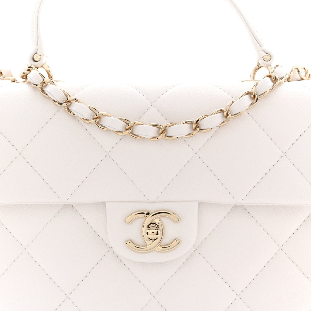 Caviar Quilted Medium Retro Twist Top Handle Flap White