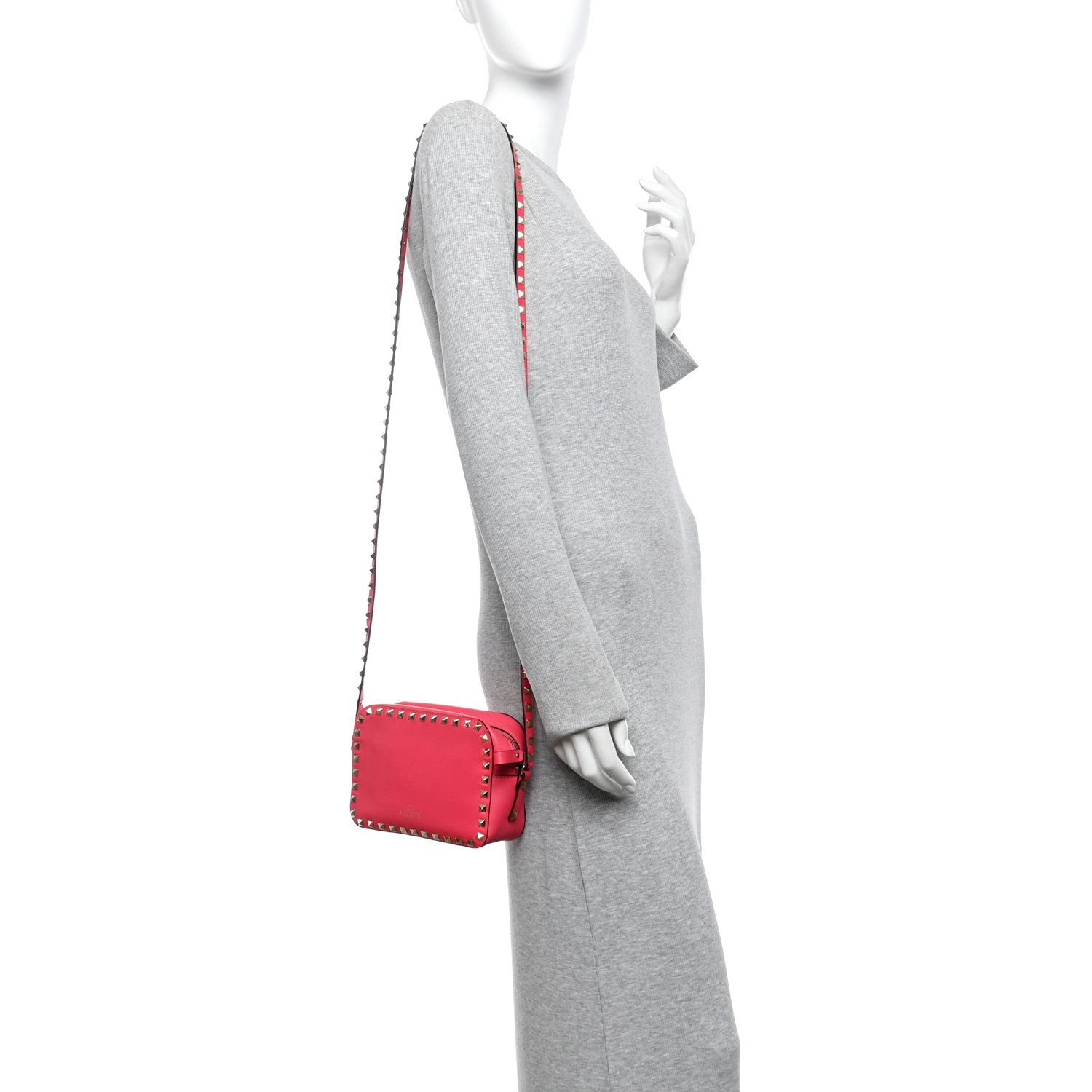Calfskin Rockstud Camera Crossbody Bag Deep Rose