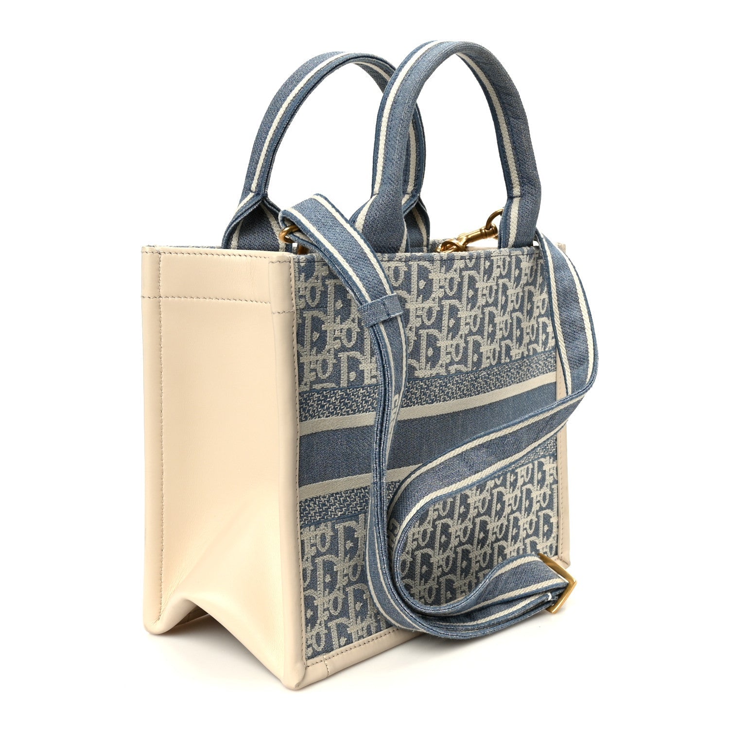 Oblique Chambray Calfskin Small Book Tote With Strap Blue Latte